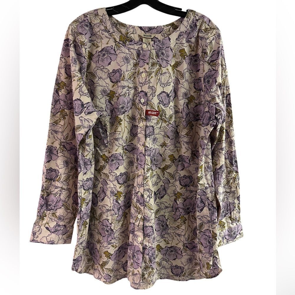 NWOT Duluth Trading Co Purple Floral No Gape Button Down Wrinklefighter Top XXL